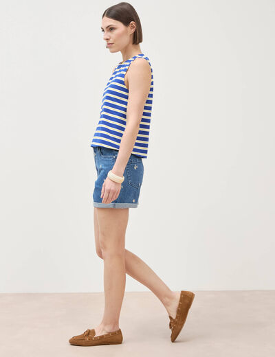 D&eacute;bardeur ray&eacute; col rond en coton bleu femme