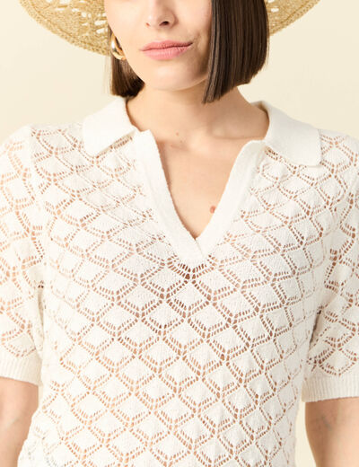Pull manches courtes ajouré blanc femme