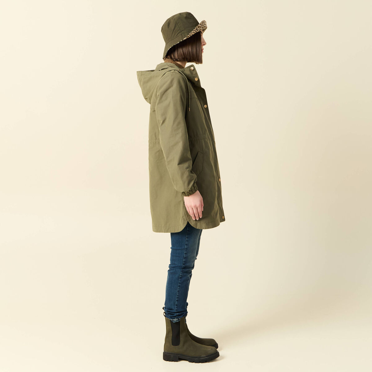 Parka longue à capuche vert kaki femme