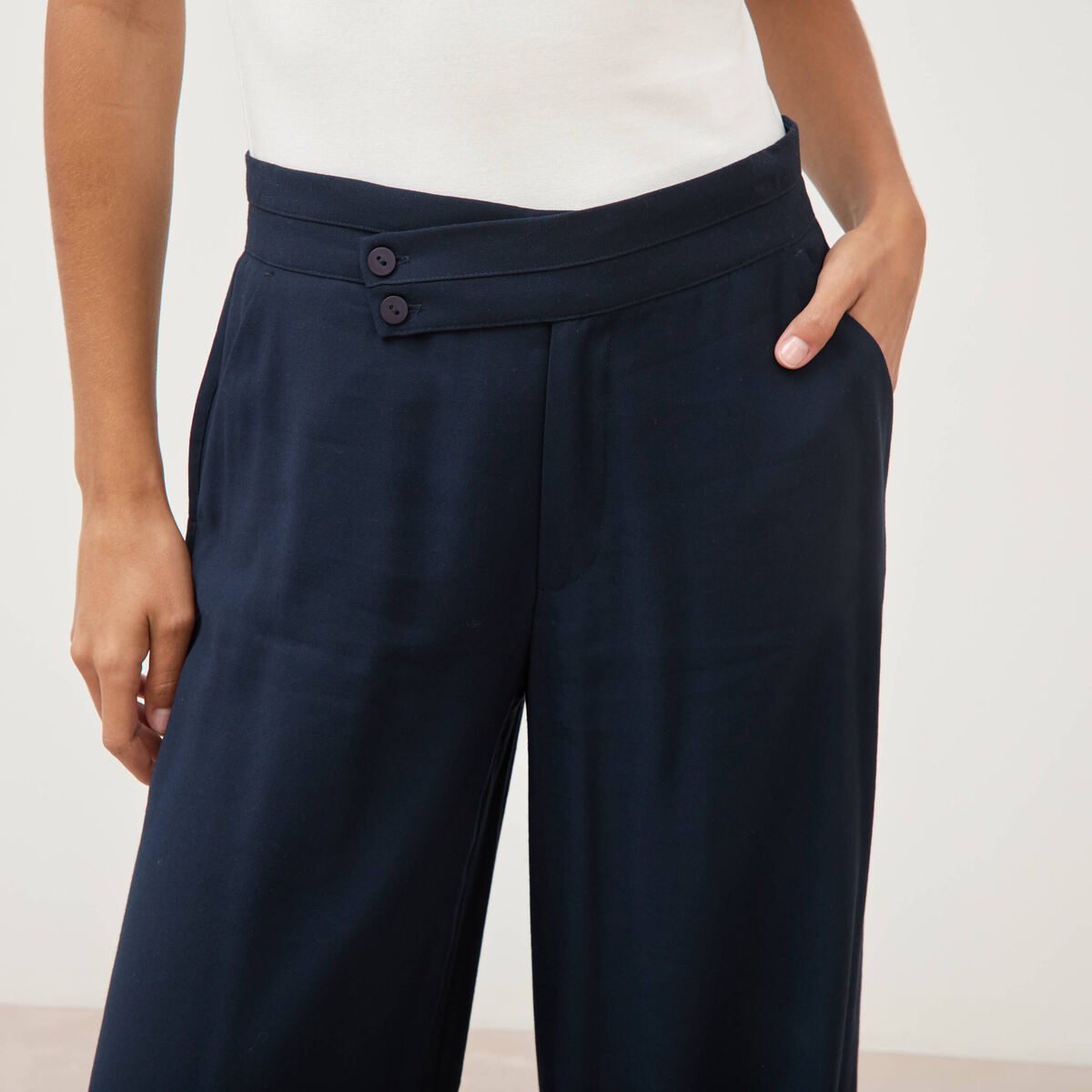 Pantalon large taille haute ceinture bleu fonc&eacute; femme
