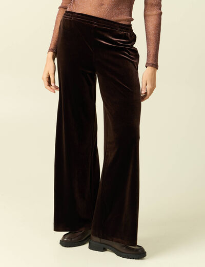 Pantalon large taille haute en velours marron fonc&eacute; femme