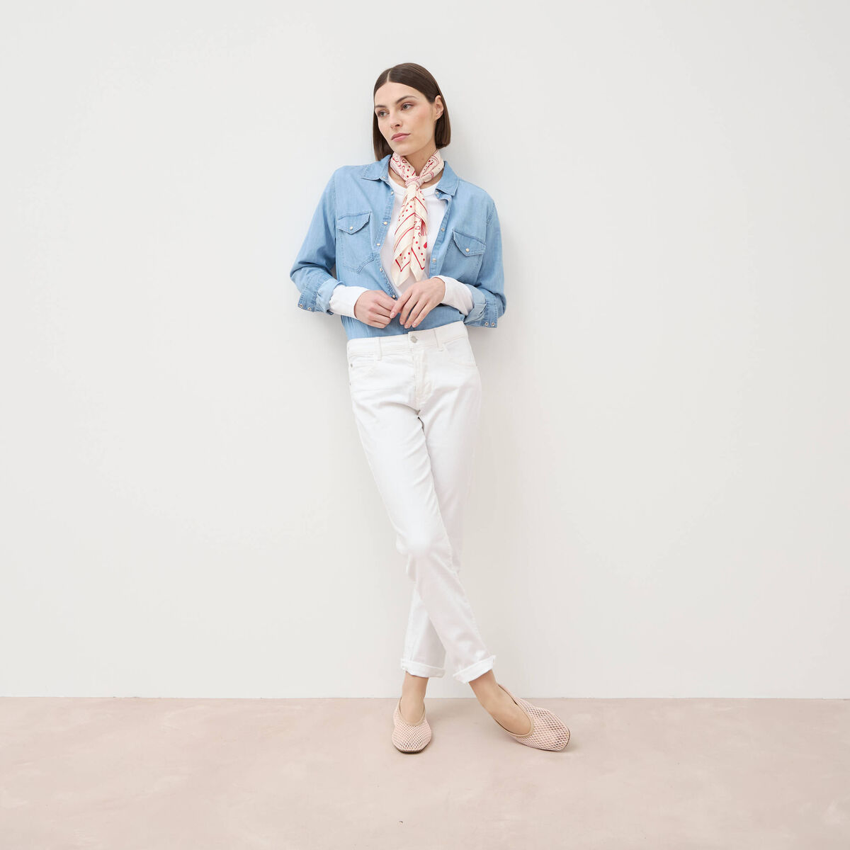 Jeans girlfriend taille haute denim blanc femme