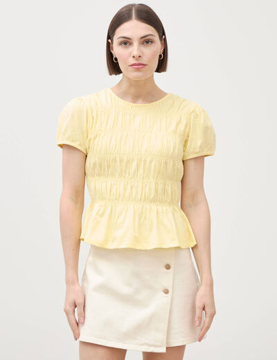 T-shirt fronc&eacute; col rond manches courtes jaune pastel femme