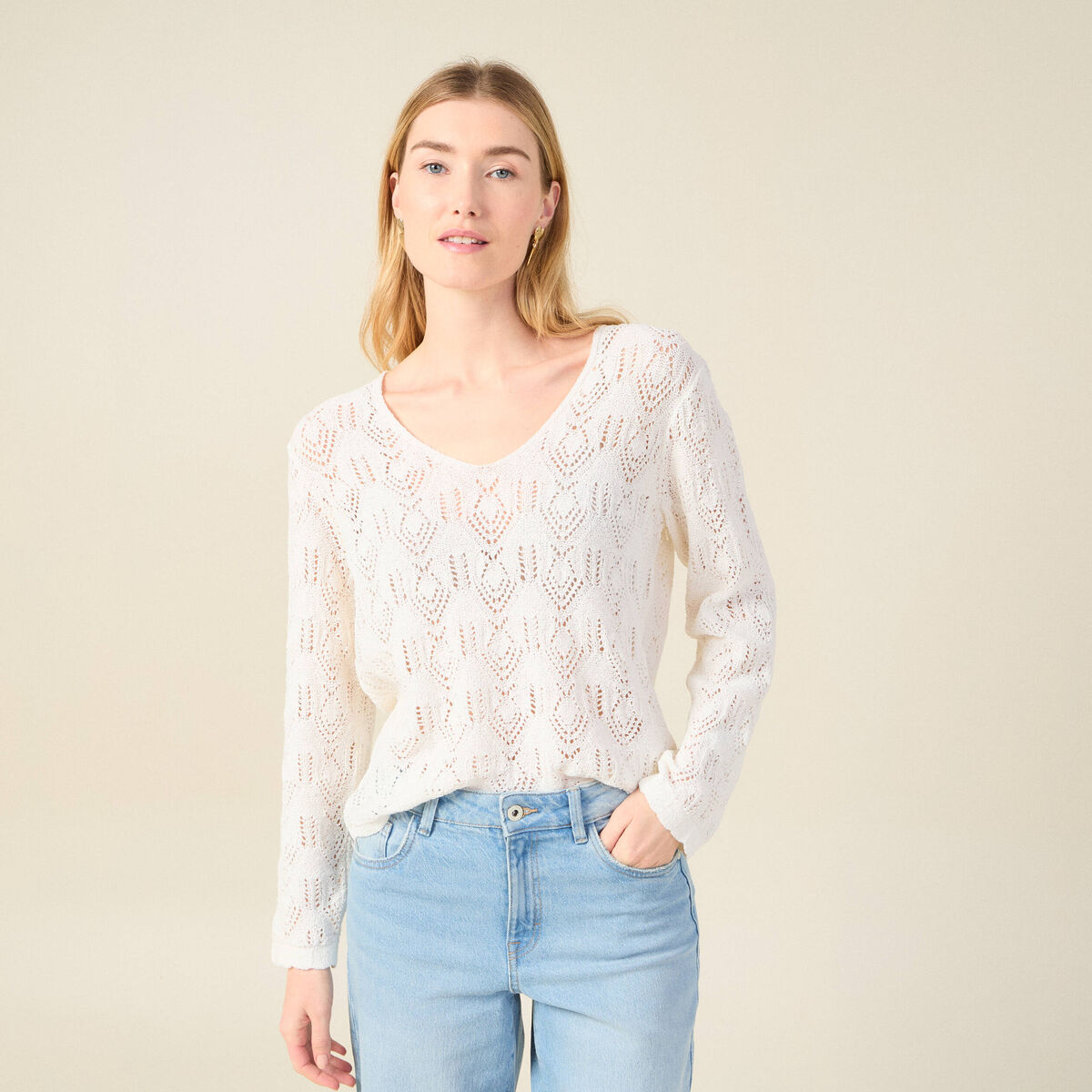 Pull ajour&eacute; col v manches longues ecru femme