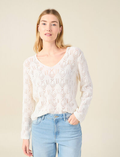 Pull ajour&eacute; col v manches longues ecru femme