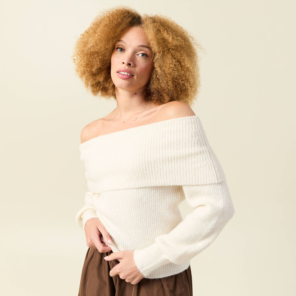 Pull manches longues col bardot ecru femme