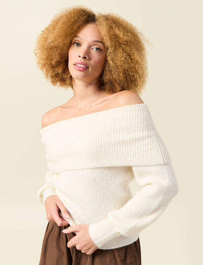 Pull manches longues col bardot ecru femme