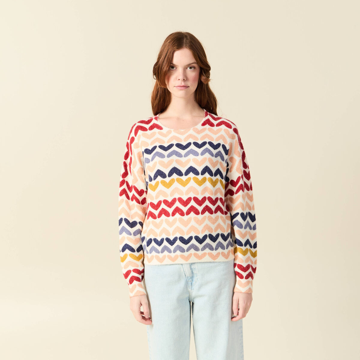 Pull col rond manches longues ecru femme