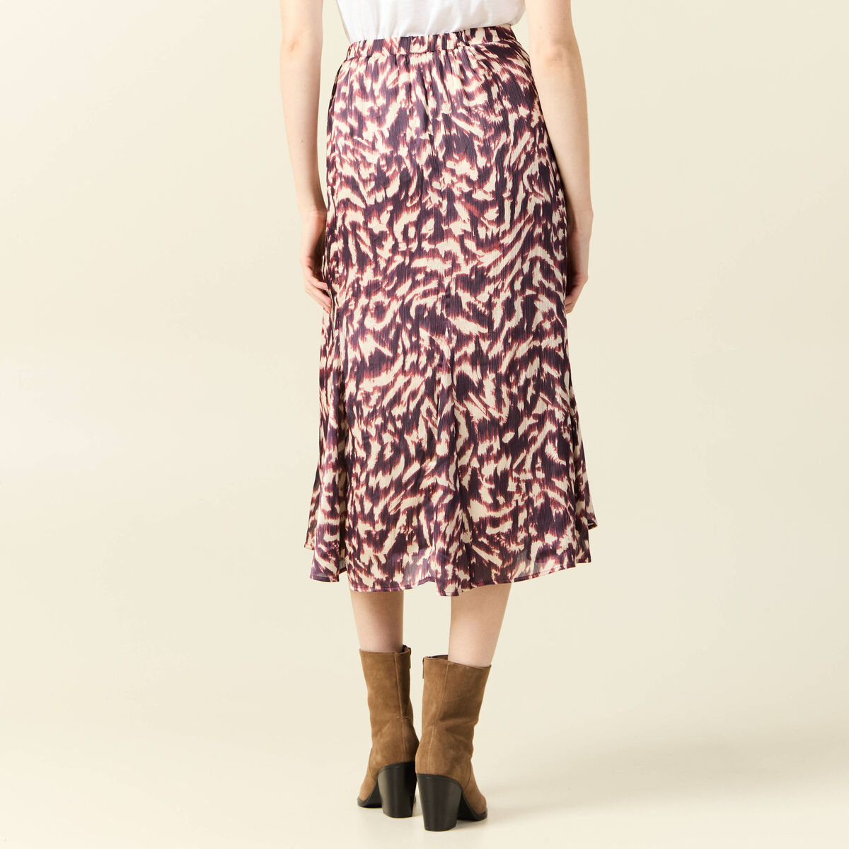 Jupe midi évasée fluide marron femme