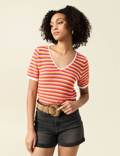 Pull manches courtes marron cognac femme