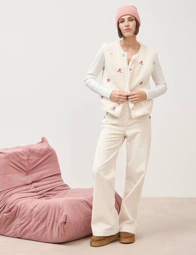 Pantalon large taille haute en velours ivoire femme