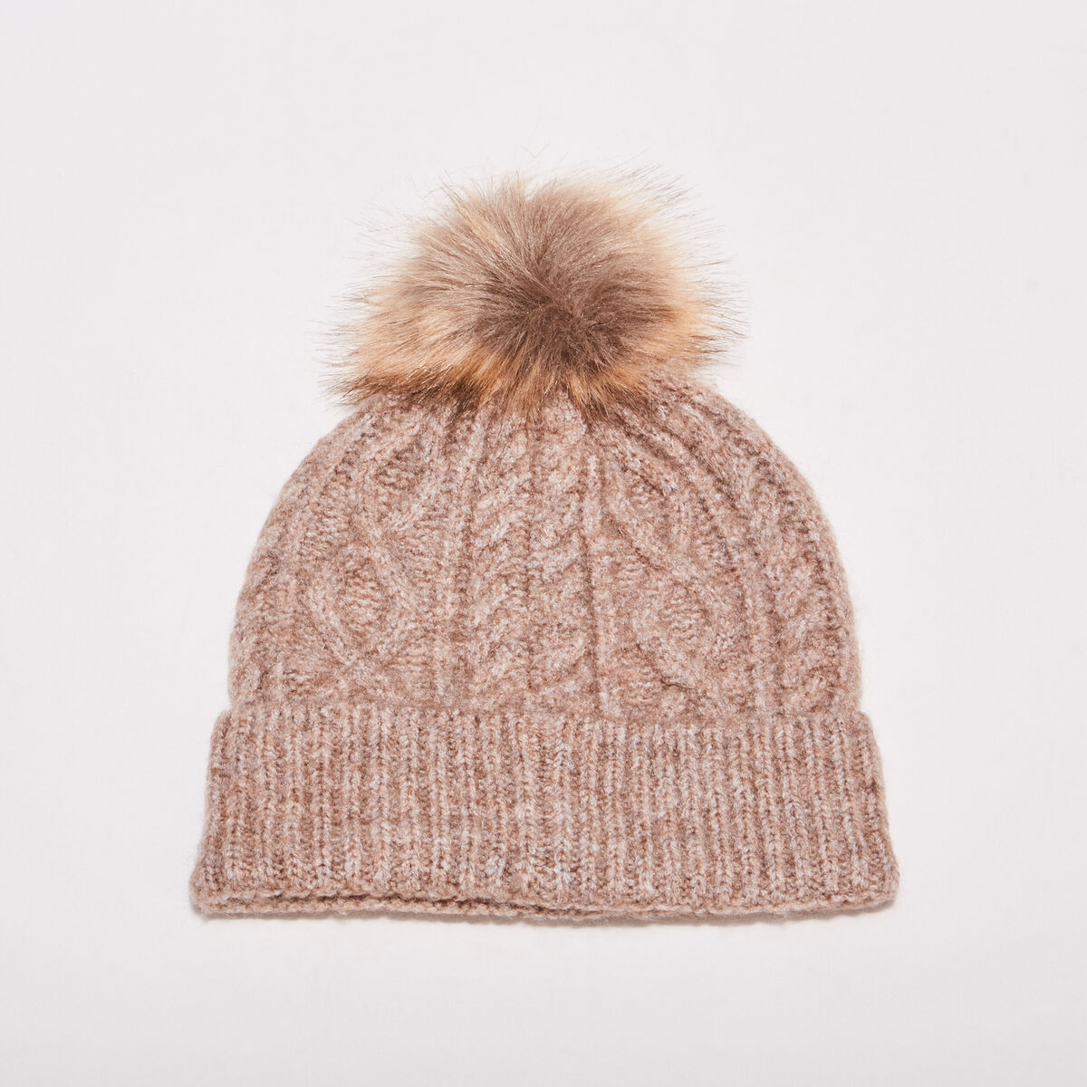Bonnet tricoté à pompon marron clair femme