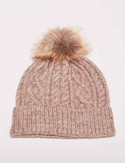 Bonnet tricoté à pompon marron clair femme