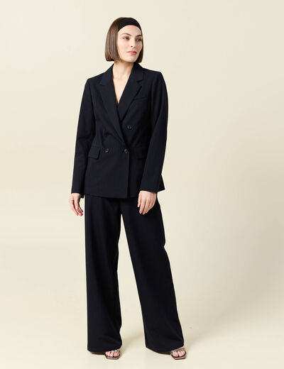 Pantalon large taille haute fluide bleu marine femme