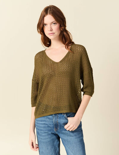 Pull ajour&eacute; col v manches 3/4 vert olive femme