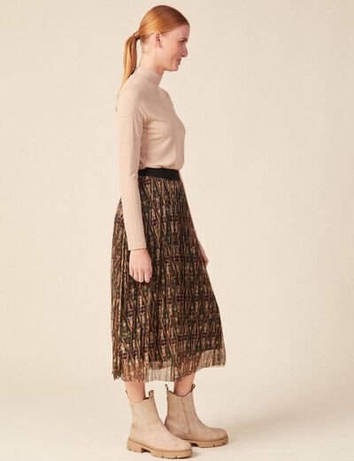 Jupe longue évasée plissée camel femme