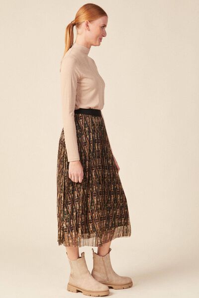Jupe longue évasée plissée camel femme