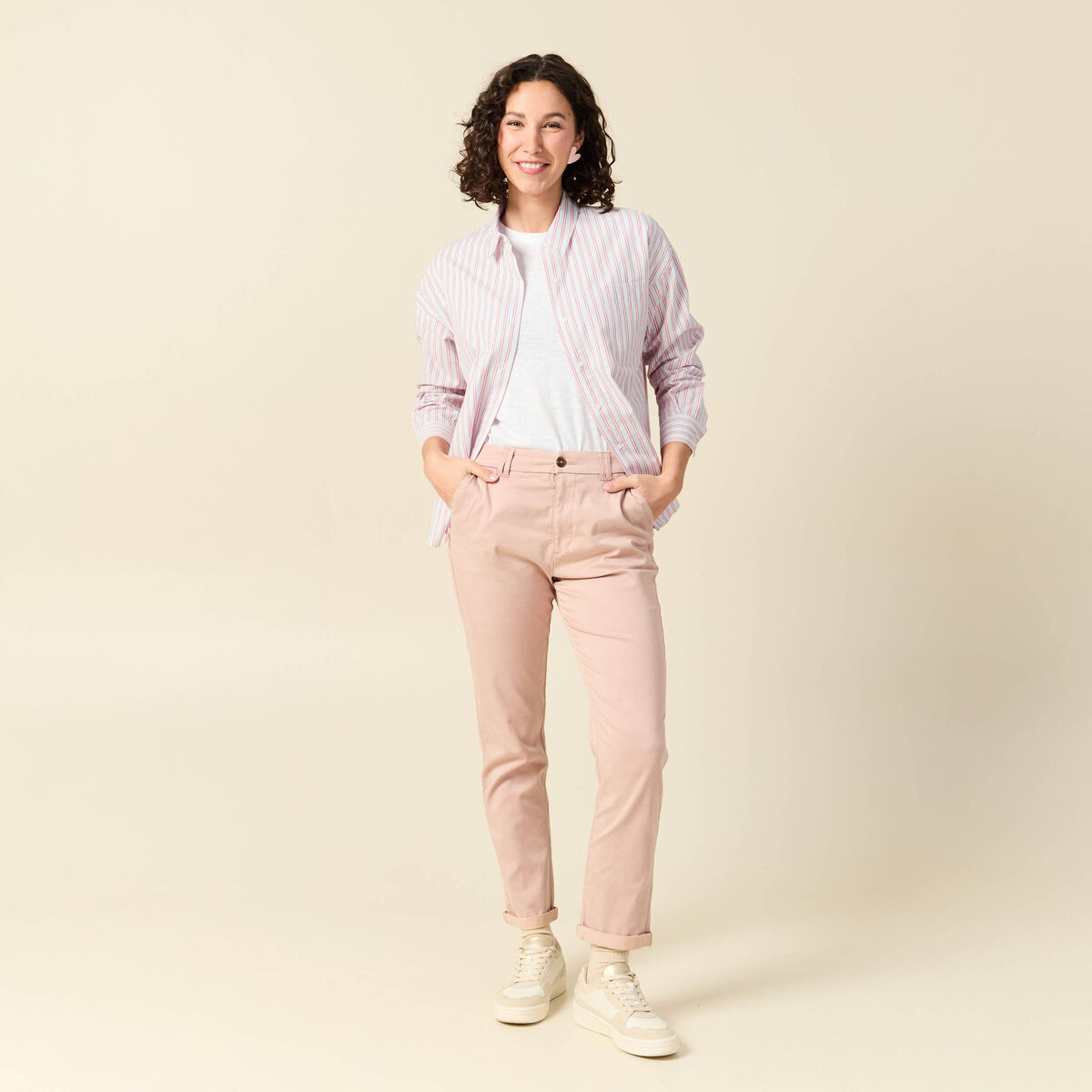 Chino cigarette 7/8&egrave;me taille haute rose clair femme