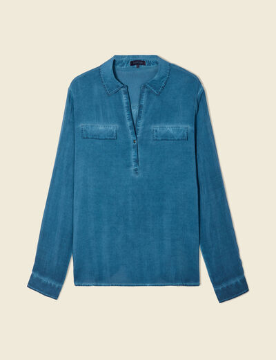 Blouse manches longues poches bleu pétrole femme