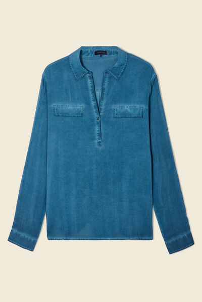 Blouse manches longues poches bleu pétrole femme