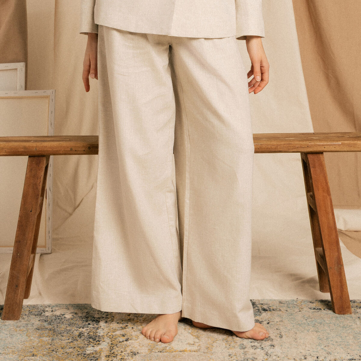 Pantalon large taille haute sable femme
