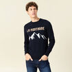 Pull col rond manches longues en coton bleu fonc&eacute; homme