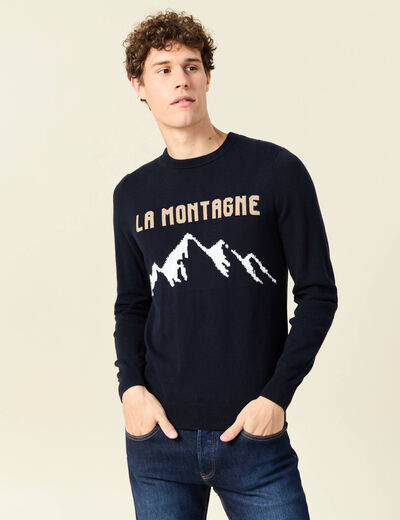 Pull col rond manches longues en coton bleu fonc&eacute; homme