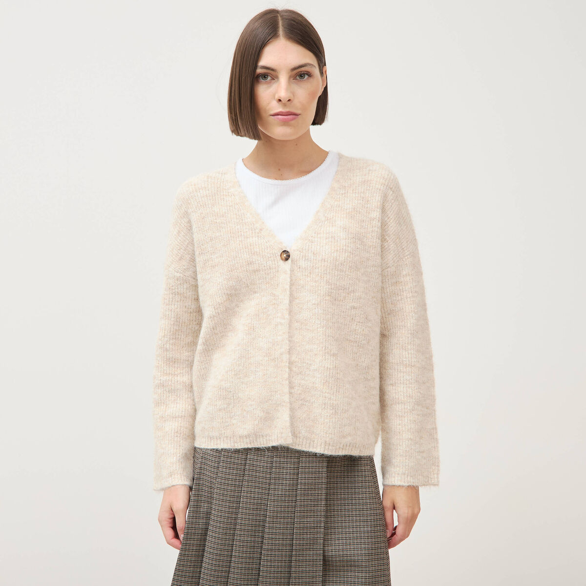 Gilet droit manches longues creme femme