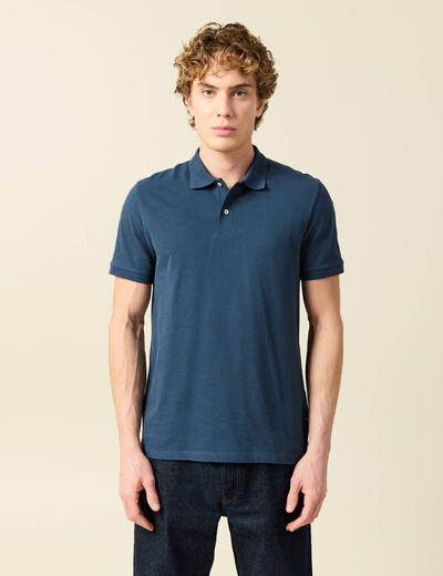 Polo cintr&eacute; en coton manches courtes bleu fonc&eacute; homme