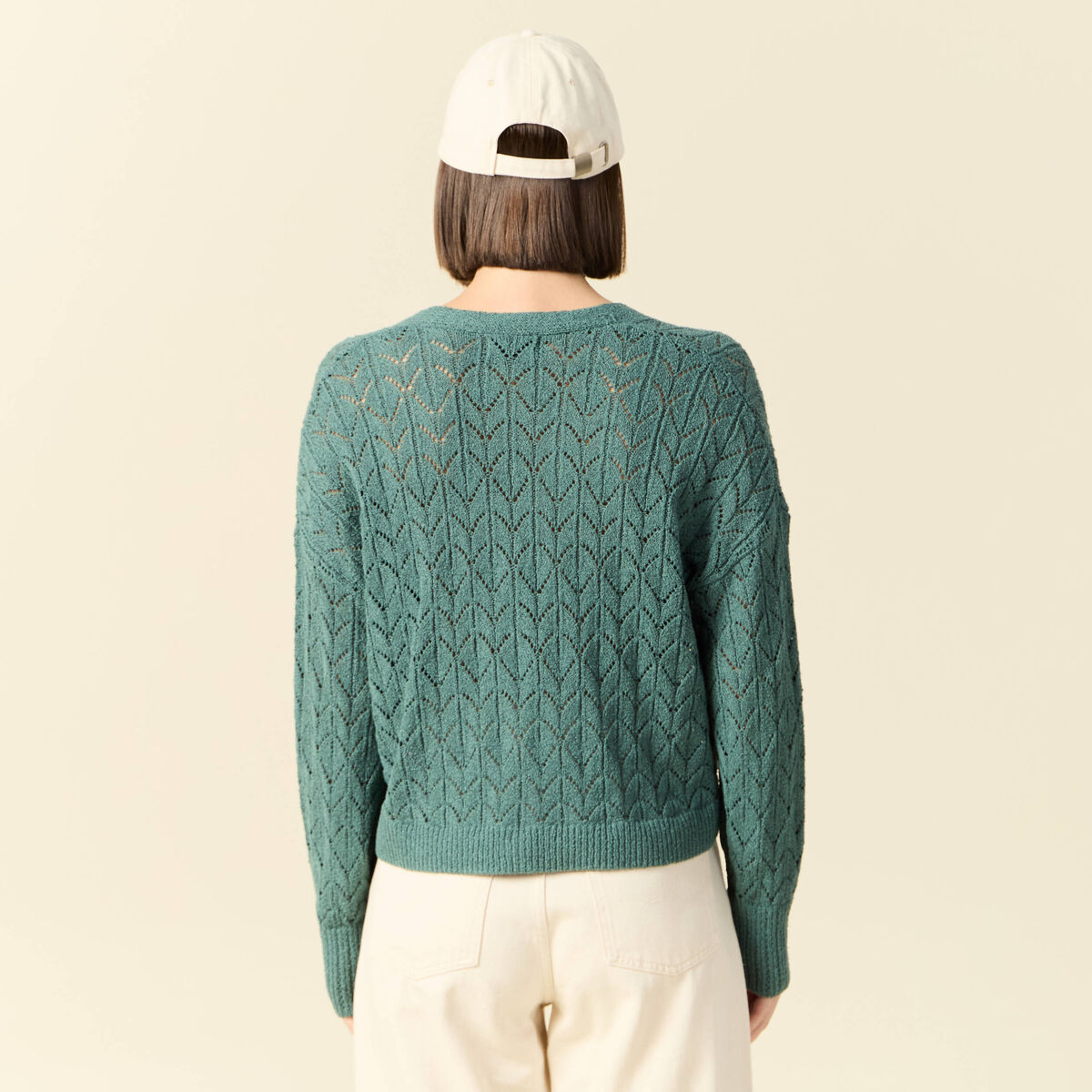 Gilet manches longues ajour&eacute; vert fonc&eacute; femme