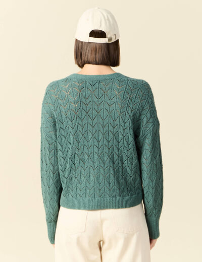 Gilet manches longues ajouré vert foncé femme