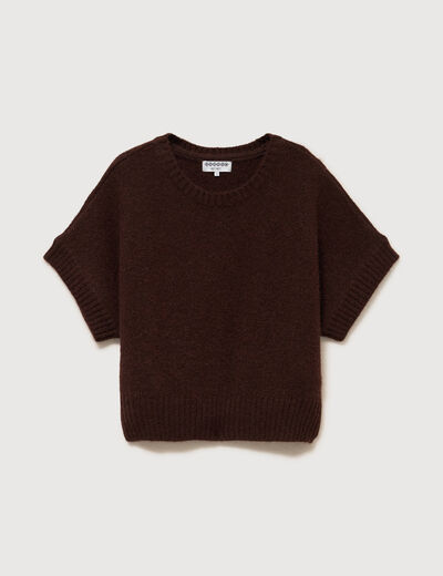 Pull oversize col rond manches courtes marron femme