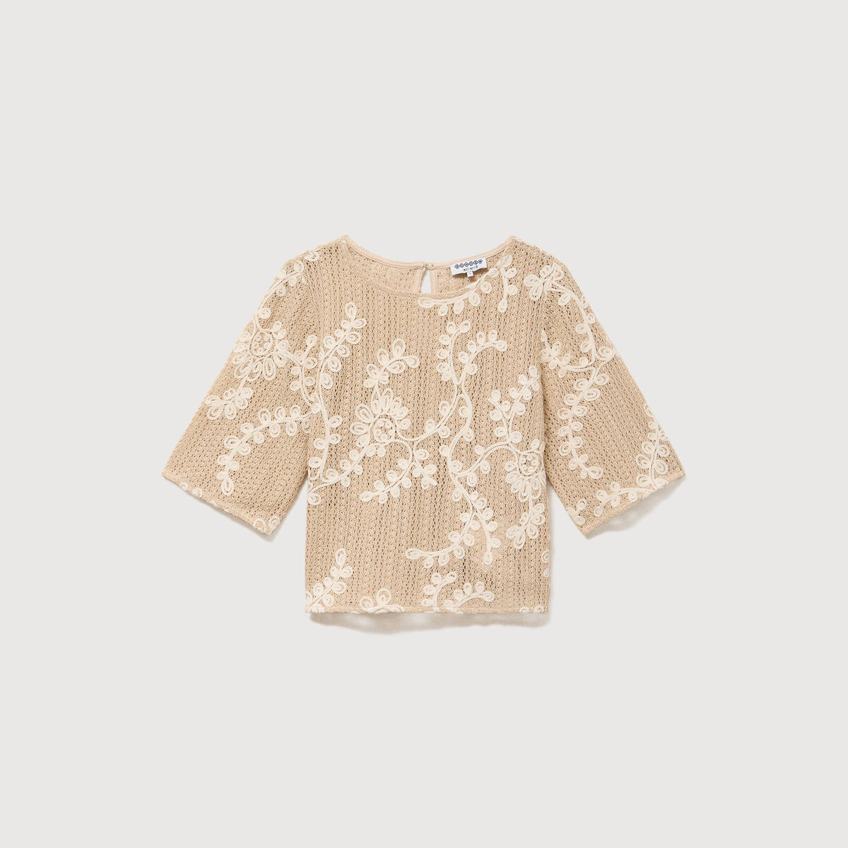 T-shirt brod&eacute; col rond manches 3/4 beige femme
