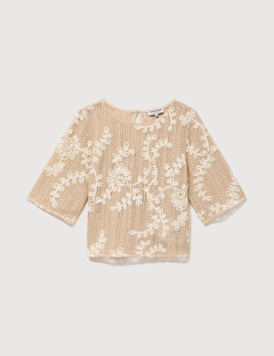 T-shirt brod&eacute; col rond manches 3/4 beige femme