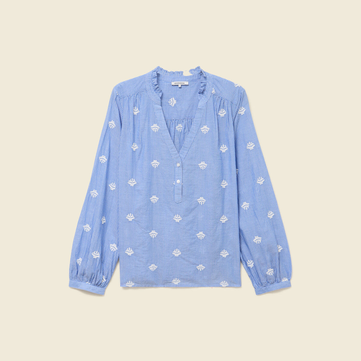 Blouse manches longues en coton brod&eacute; bleu gris femme