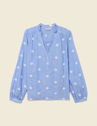 Blouse manches longues en coton brod&eacute; bleu gris femme