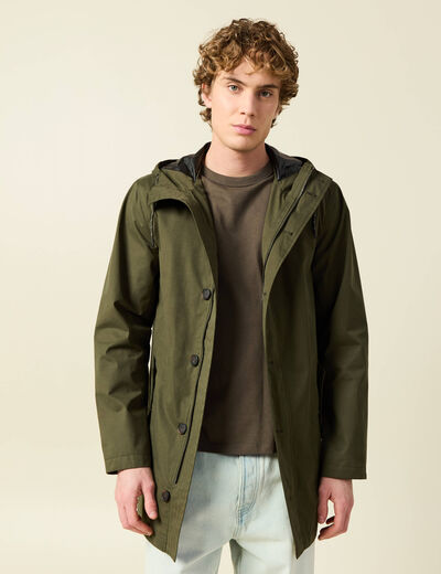 Parka d&eacute;perlante droite mi-longue vert kaki homme