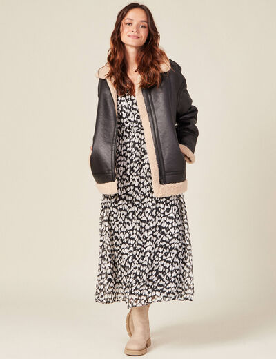 Robe longue évasée manches 3/4 noir femme
