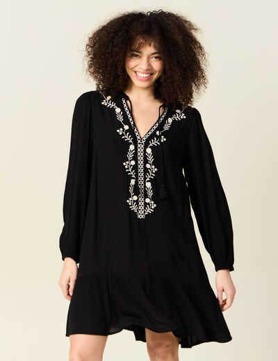 Robe évasée broderie noir femme