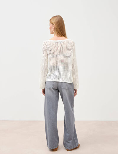 Pull ajour&eacute; col bateau manches longues ecru femme