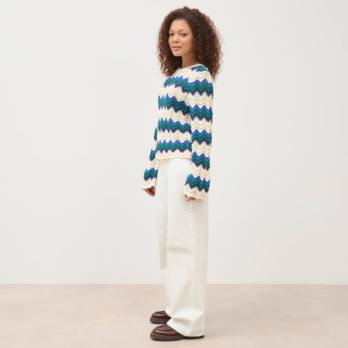 Pull ajour&eacute; coton manches longues ecru femme