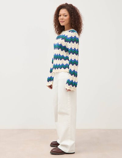 Pull ajour&eacute; coton manches longues ecru femme