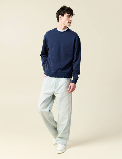 Sweat col rond manches longues en coton bleu marine homme