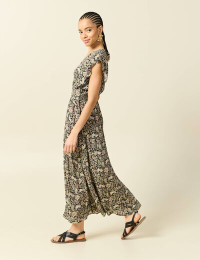 Robe longue &eacute;vas&eacute;e col v manches courtes noir femme