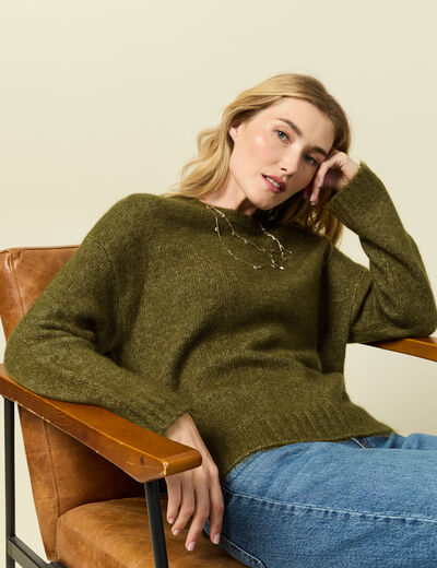 Pull col rond manches longues vert kaki femme