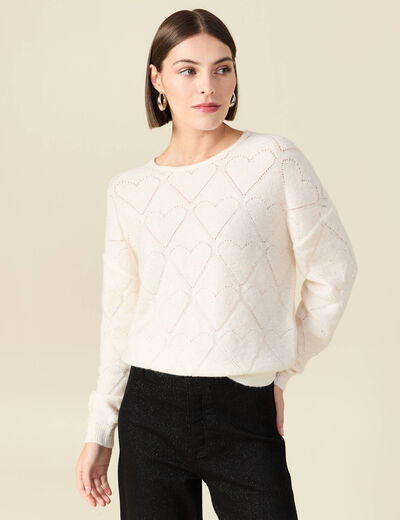 Pull manches longues col rond brillant ecru femme