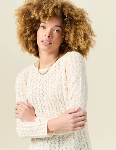 T-shirt manches longues ajouré ecru femme