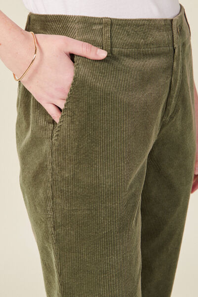 Pantalon chino velours côtelé vert kaki femme
