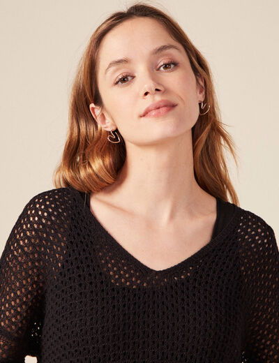 Pull ajour&eacute; col v manches 3/4 noir femme