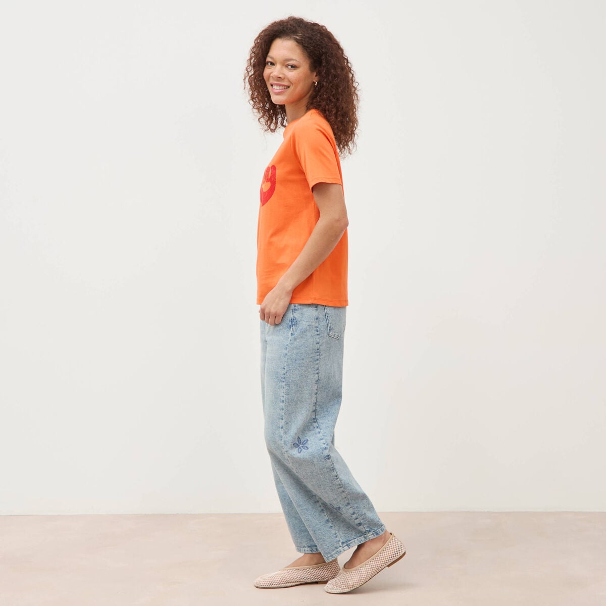 T-shirt droit col rond manches courtes orange femme